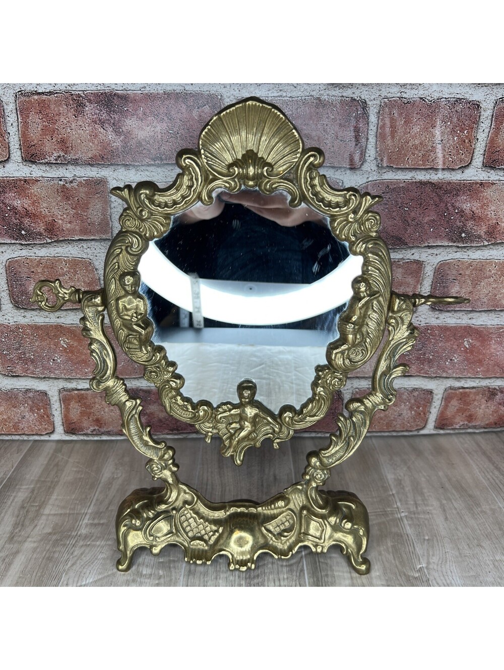 Antique Brass Italy Ornate Swivel Vanity Table Mirror Victorian French Cherub